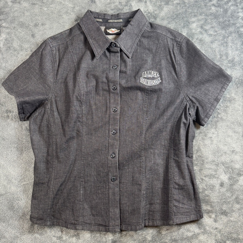 Harley-Davidson Womens XL Black Denim Short Sleeve Button Up Eagle Y2K 90s